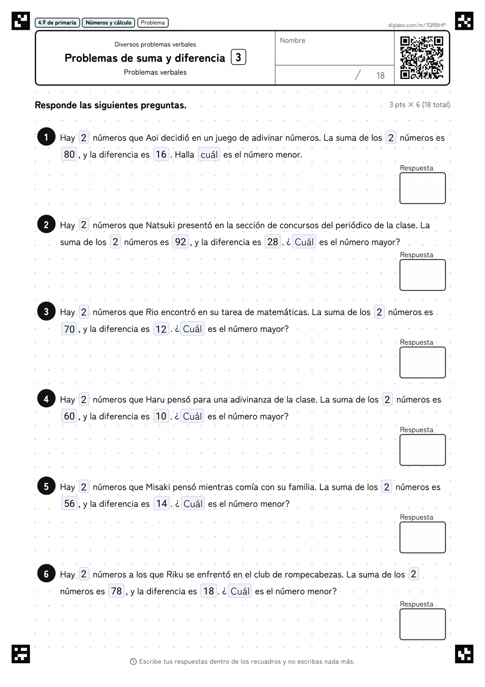 4.º de primaria Diversos problemas verbales Problemas de suma y diferencia