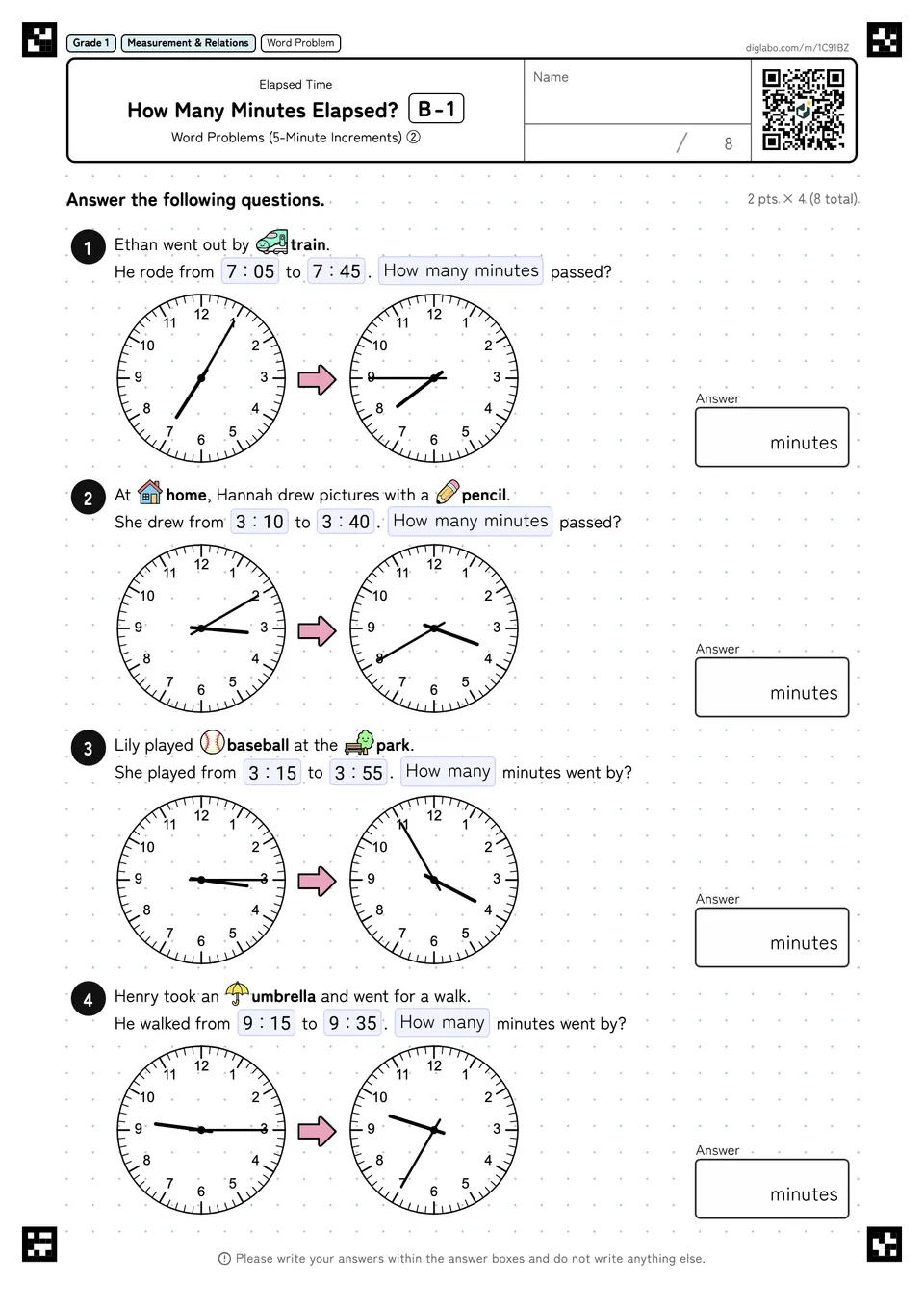 Grade 1 (Elementary School) Elapsed Time How Many Minutes Elapsed?