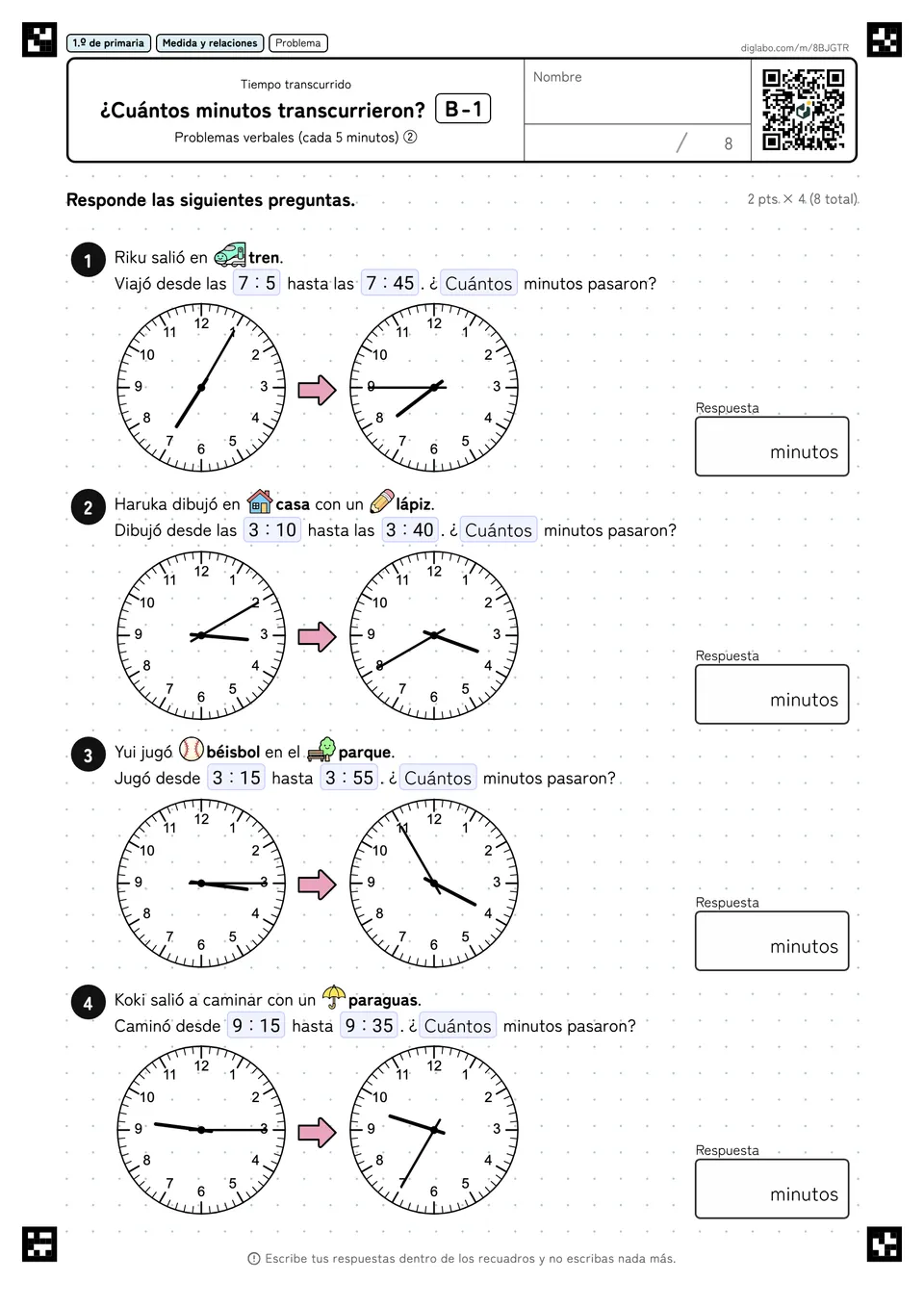 1.º de primaria Tiempo transcurrido ¿Cuántos minutos transcurrieron?