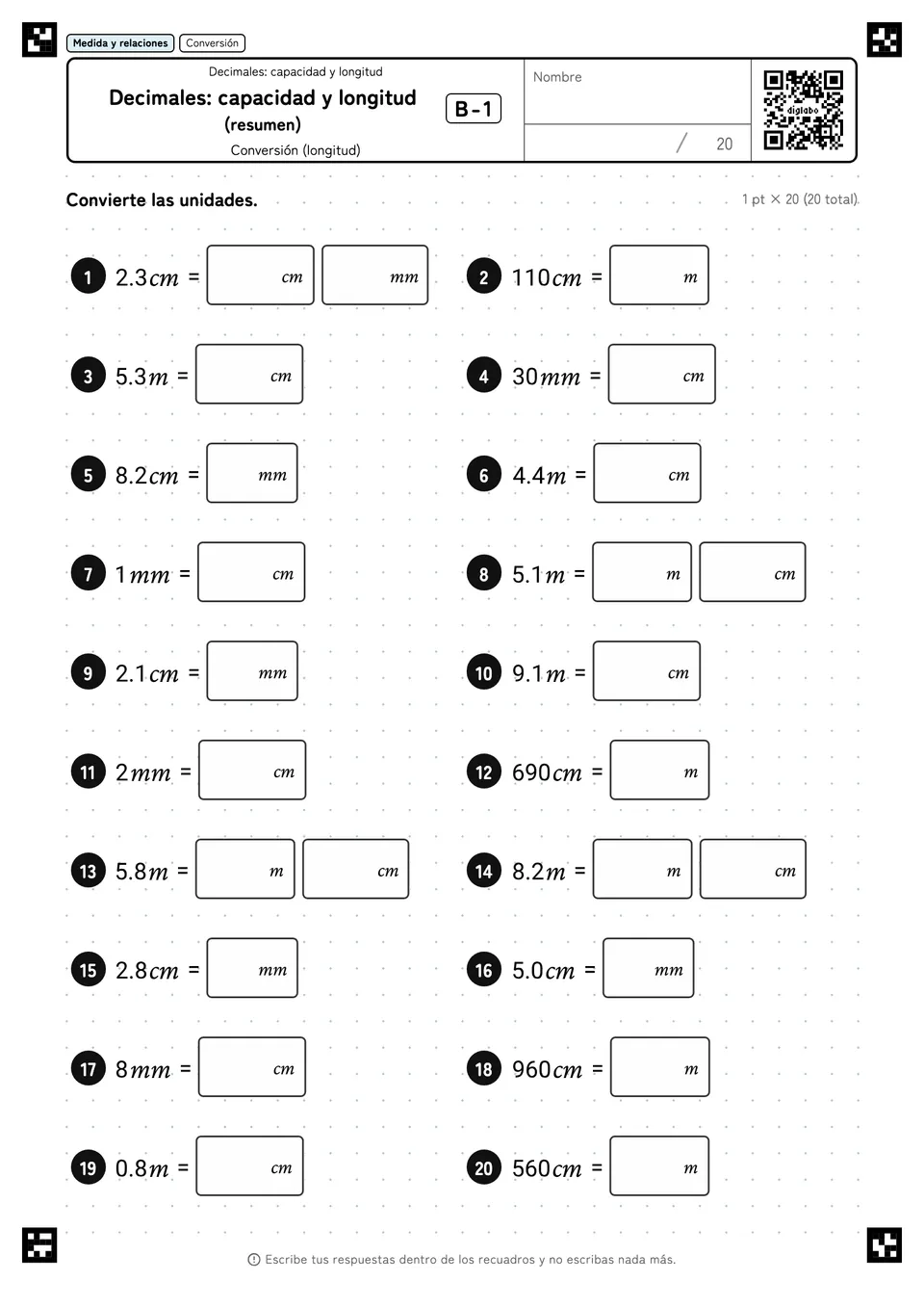 Decimales: capacidad y longitud (resumen) B-1