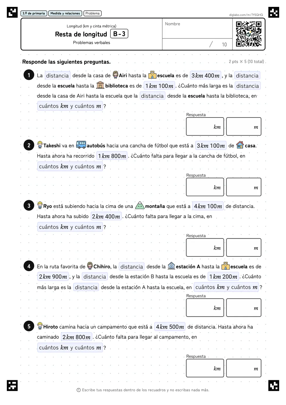 3.º de primaria Longitud (km y cinta métrica) Resta de longitud