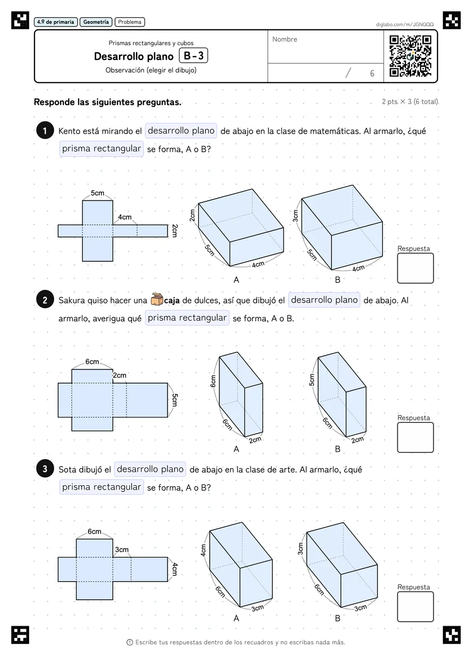 4.º de primaria Prismas rectangulares y cubos Desarrollo plano