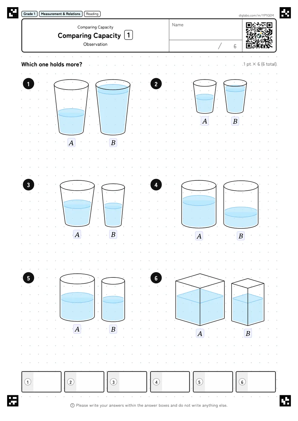 Grade 1 (Elementary School) Comparing Capacity Comparing Capacity