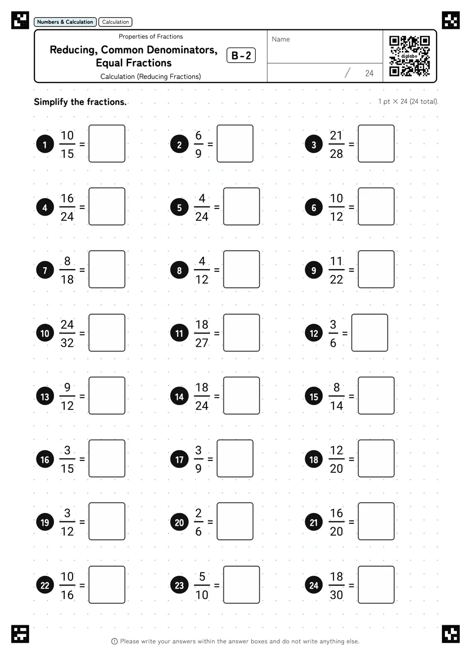 Reducing, Common Denominators, Equal Fractions B-2
