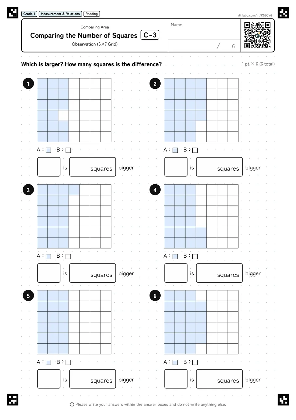 Grade 1 (Elementary School) Comparing Area Comparing the Number of Squares