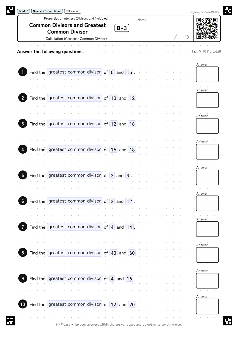 Grade 5 (Elementary School) Properties of Integers (Divisors and Multiples) Common Divisors and Greatest Common Divisor