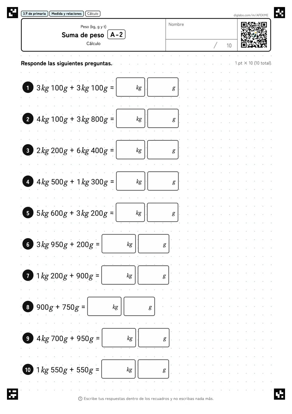 3.º de primaria Peso (kg, g y t) Suma de peso