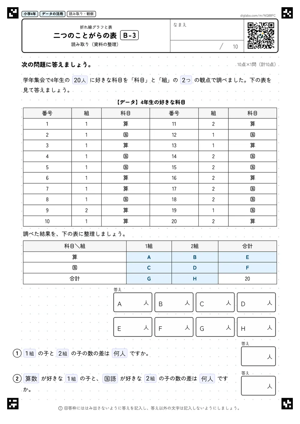小学4年 折れ線グラフと表 二つのことがらの表