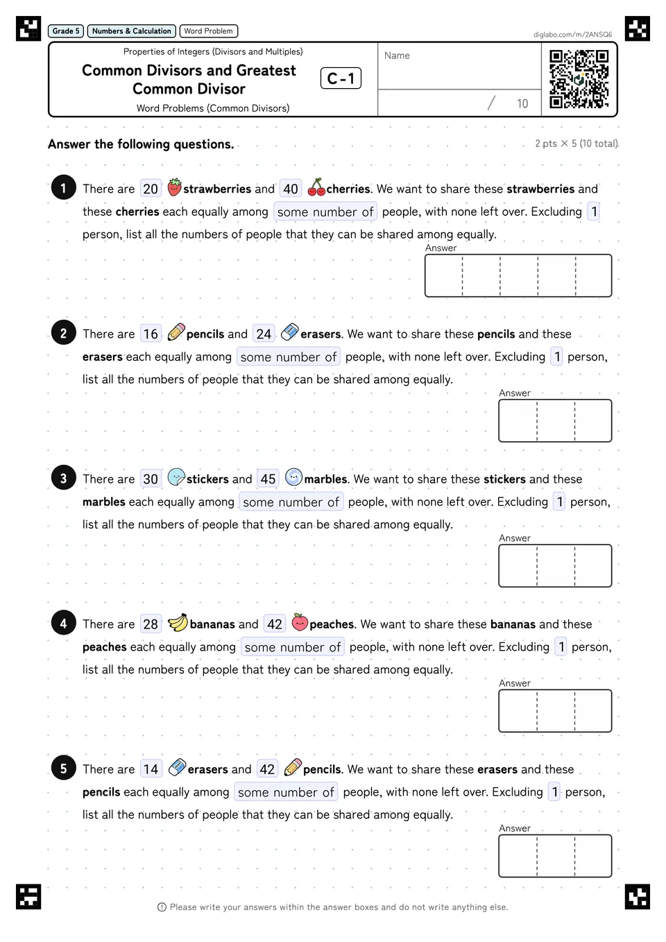 Grade 5 (Elementary School) Properties of Integers (Divisors and Multiples) Common Divisors and Greatest Common Divisor