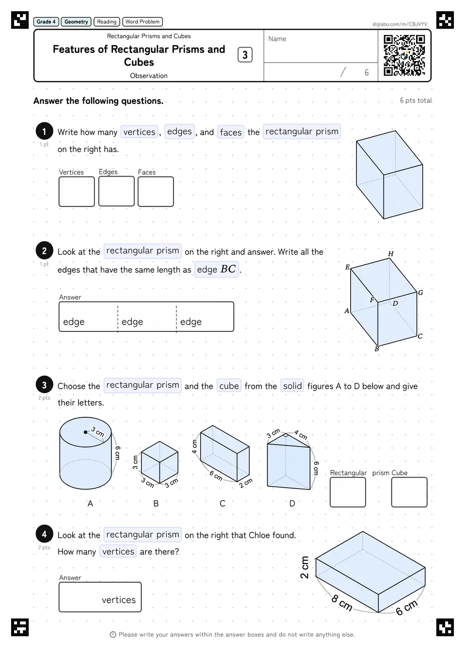 Grade 4 (Elementary School) Rectangular Prisms and Cubes Features of Rectangular Prisms and Cubes