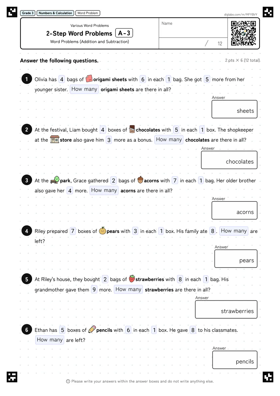 Grade 3 (Elementary School) Various Word Problems 2-Step Word Problems