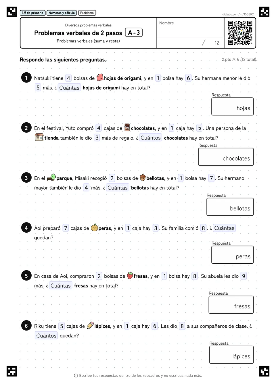 3.º de primaria Diversos problemas verbales Problemas verbales de 2 pasos
