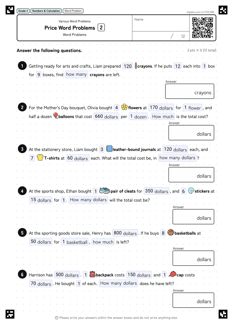 Grade 4 (Elementary School) Various Word Problems Price Word Problems