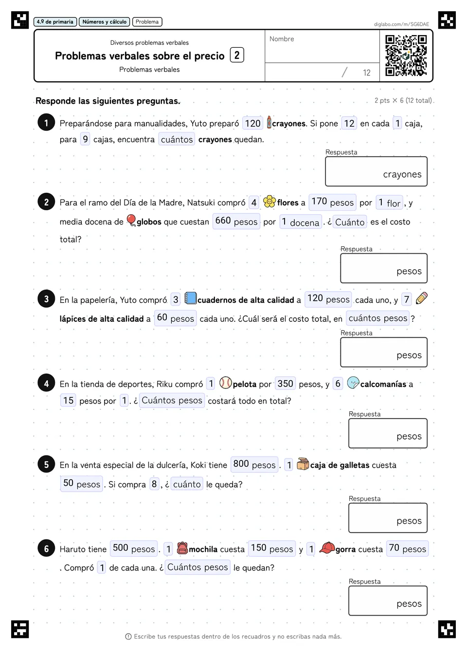 4.º de primaria Diversos problemas verbales Problemas verbales sobre el precio