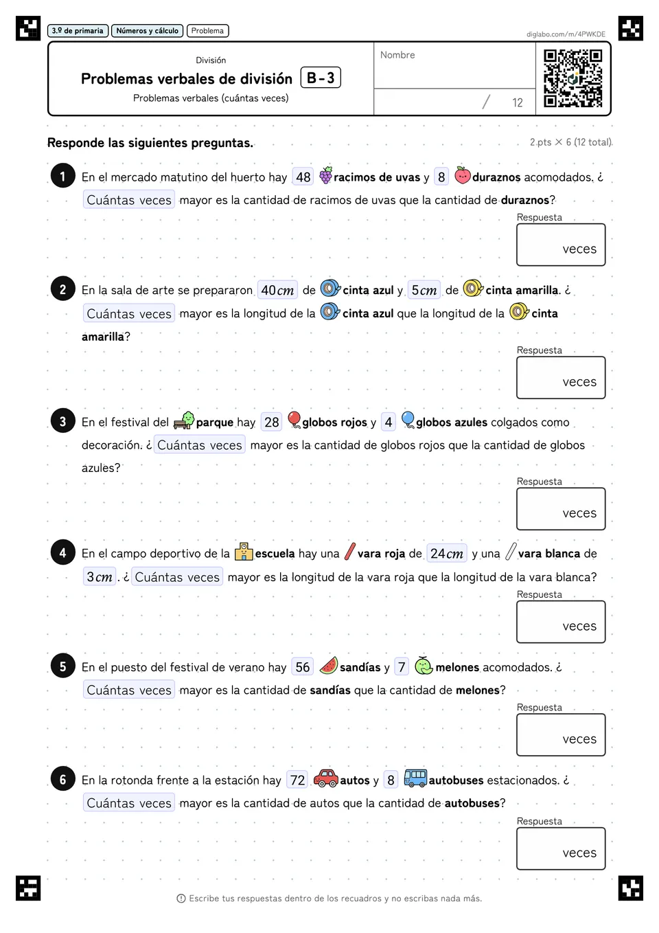 3.º de primaria División Problemas verbales de división