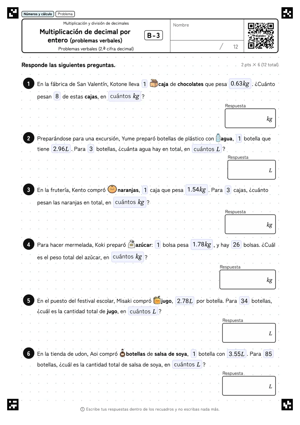 Multiplicación de decimal por entero (problemas verbales) B-3