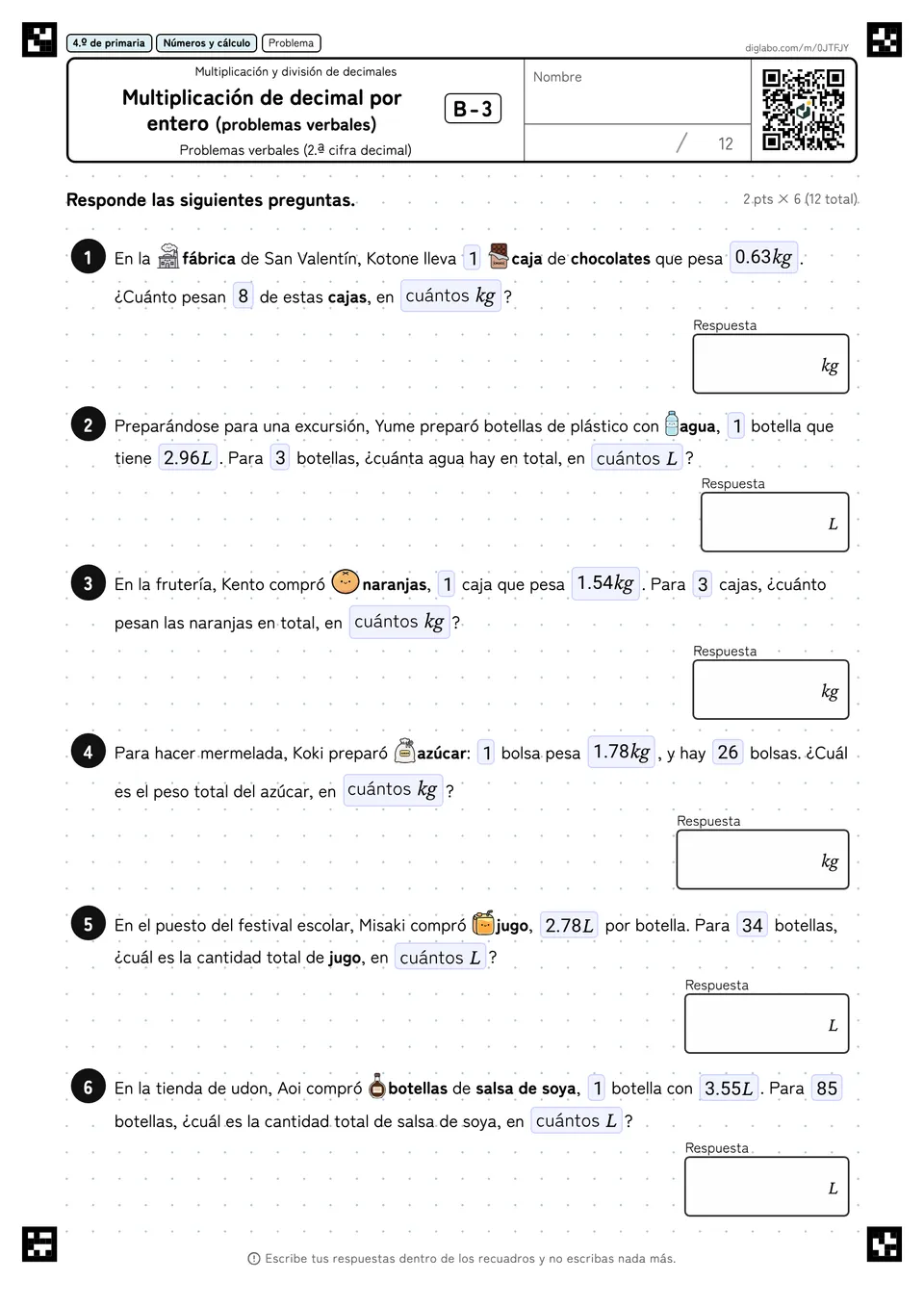 4.º de primaria Multiplicación y división de decimales Multiplicación de decimal por entero (problemas verbales)