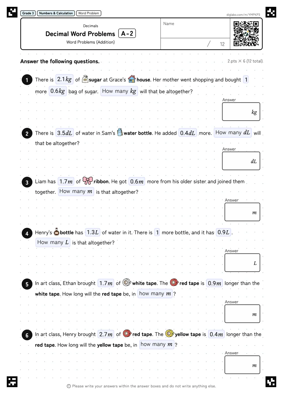 Grade 3 (Elementary School) Decimals Decimal Word Problems