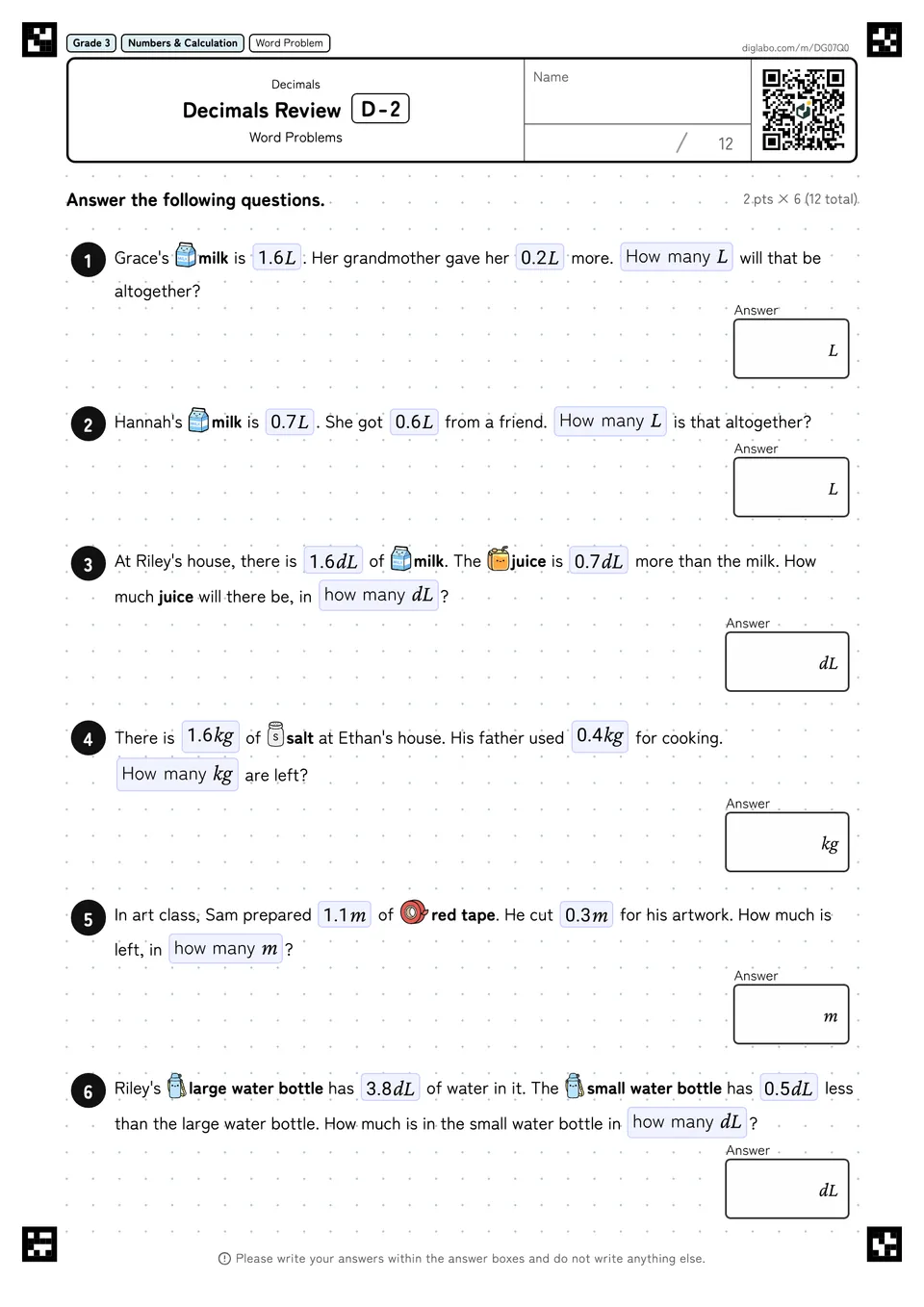 Grade 3 (Elementary School) Decimals Decimals Review