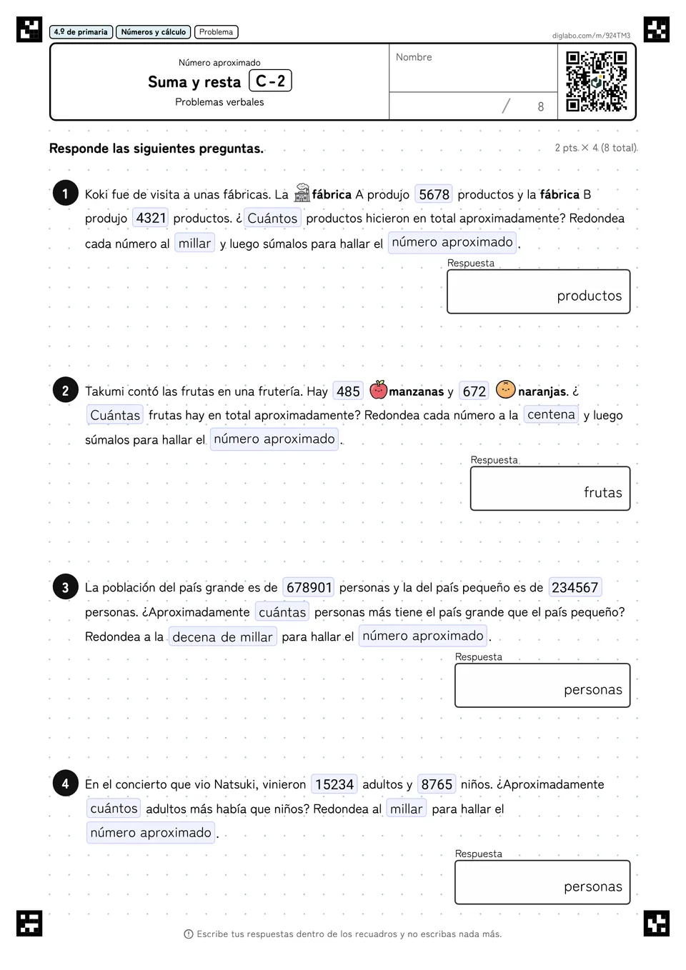 4.º de primaria Número aproximado Suma y resta