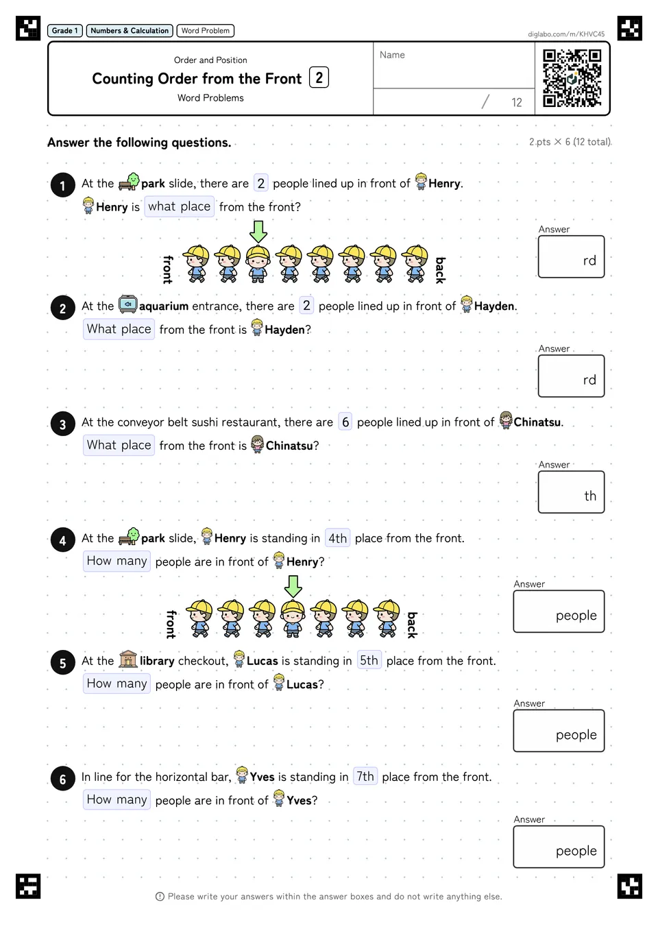 Grade 1 (Elementary School) Order and Position Counting Order from the Front