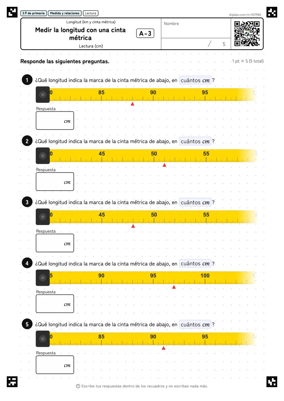 3.º de primaria Longitud (km y cinta métrica) Medir la longitud con una cinta métrica