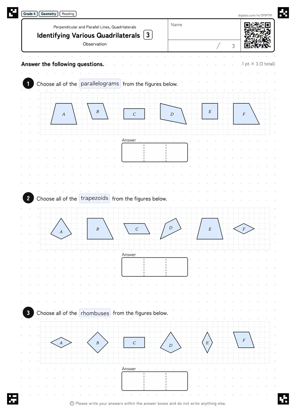 Grade 4 (Elementary School) Perpendicular and Parallel Lines, Quadrilaterals Identifying Various Quadrilaterals