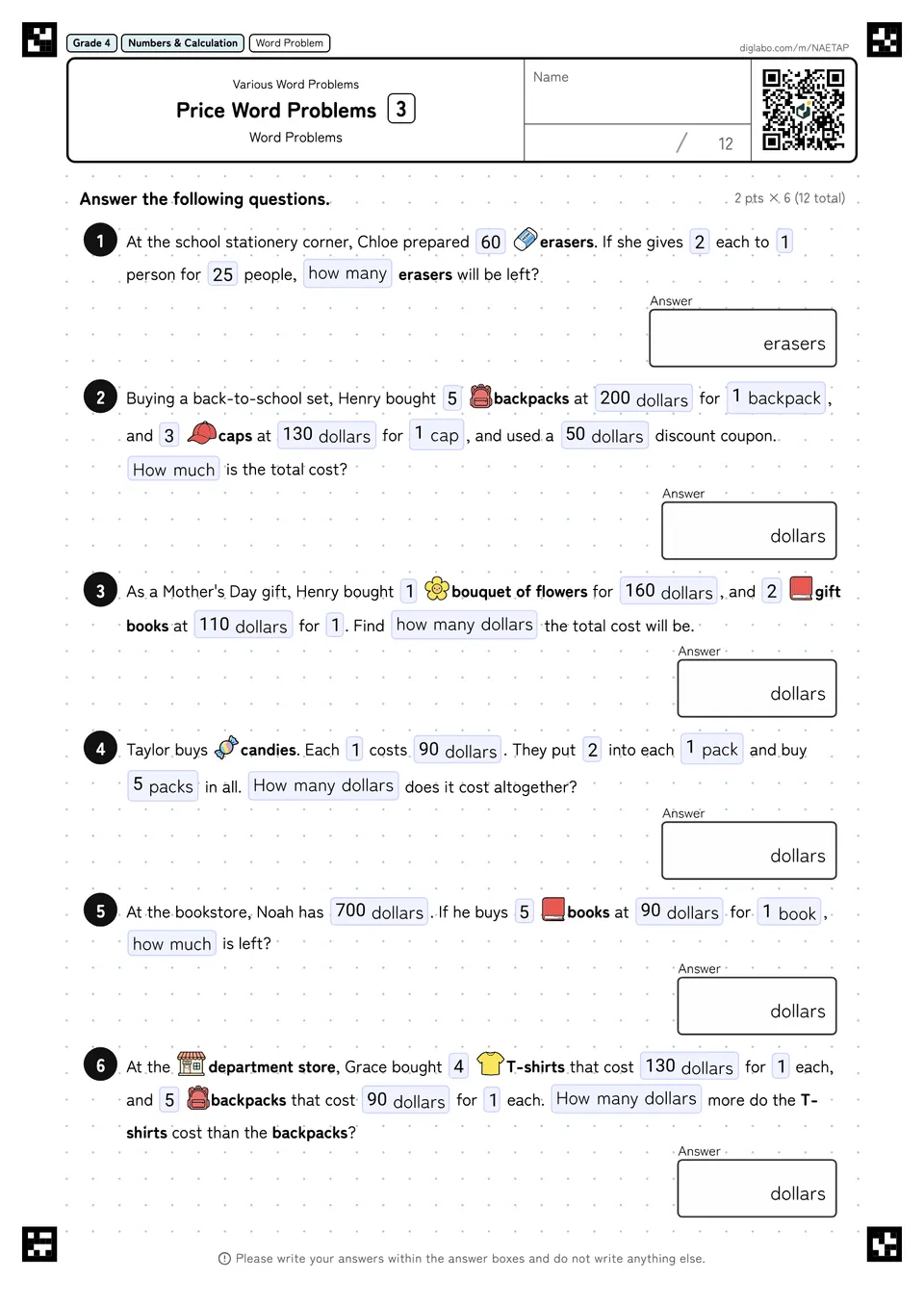 Grade 4 (Elementary School) Various Word Problems Price Word Problems