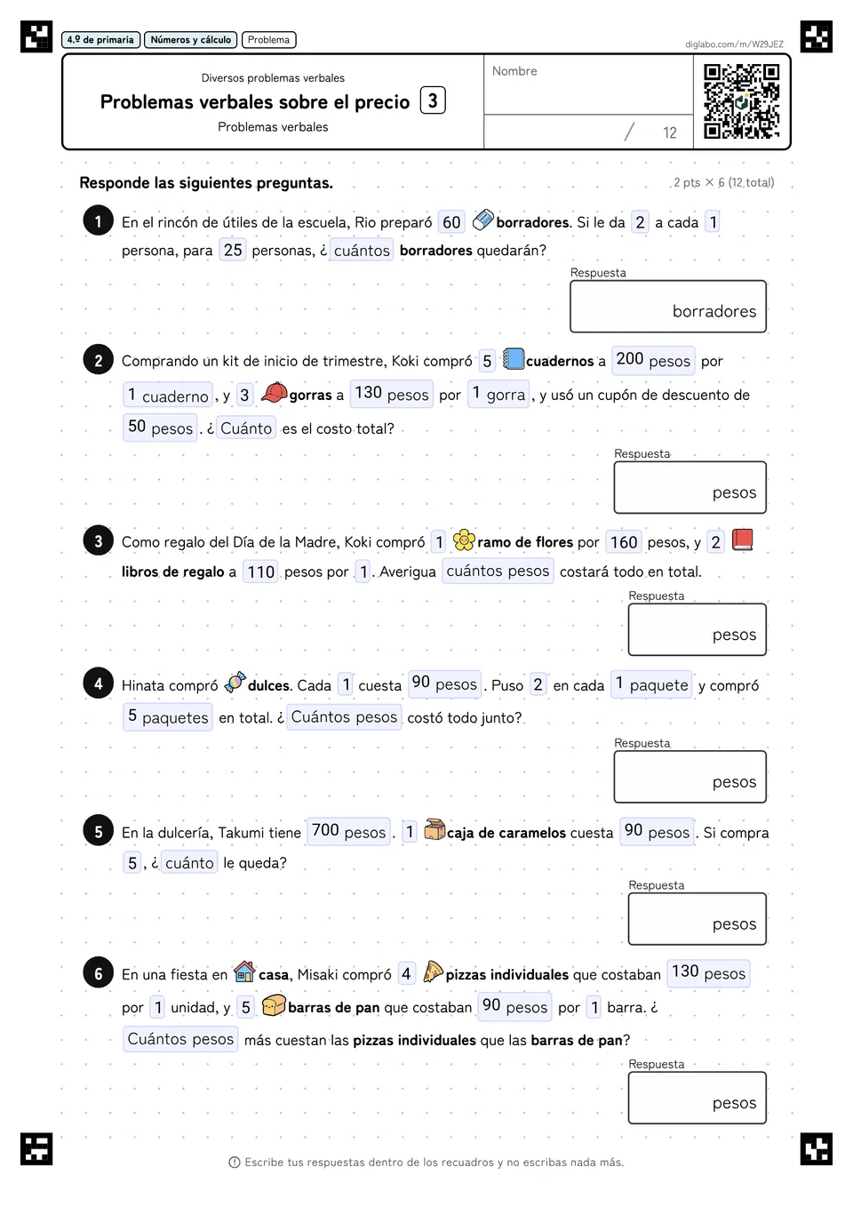 4.º de primaria Diversos problemas verbales Problemas verbales sobre el precio