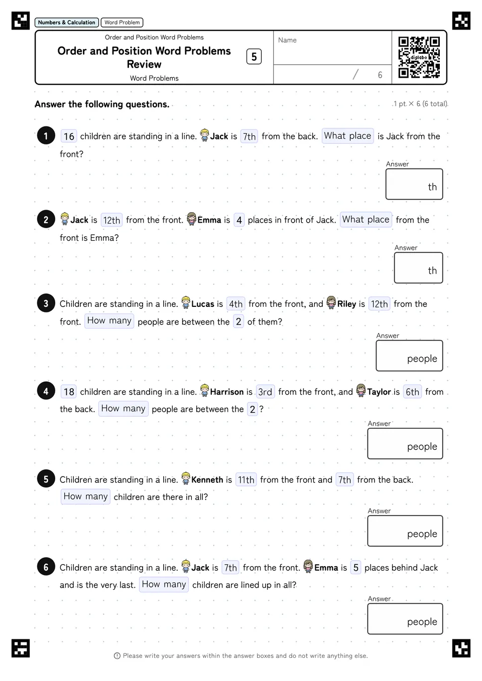 Order and Position Word Problems Review 5