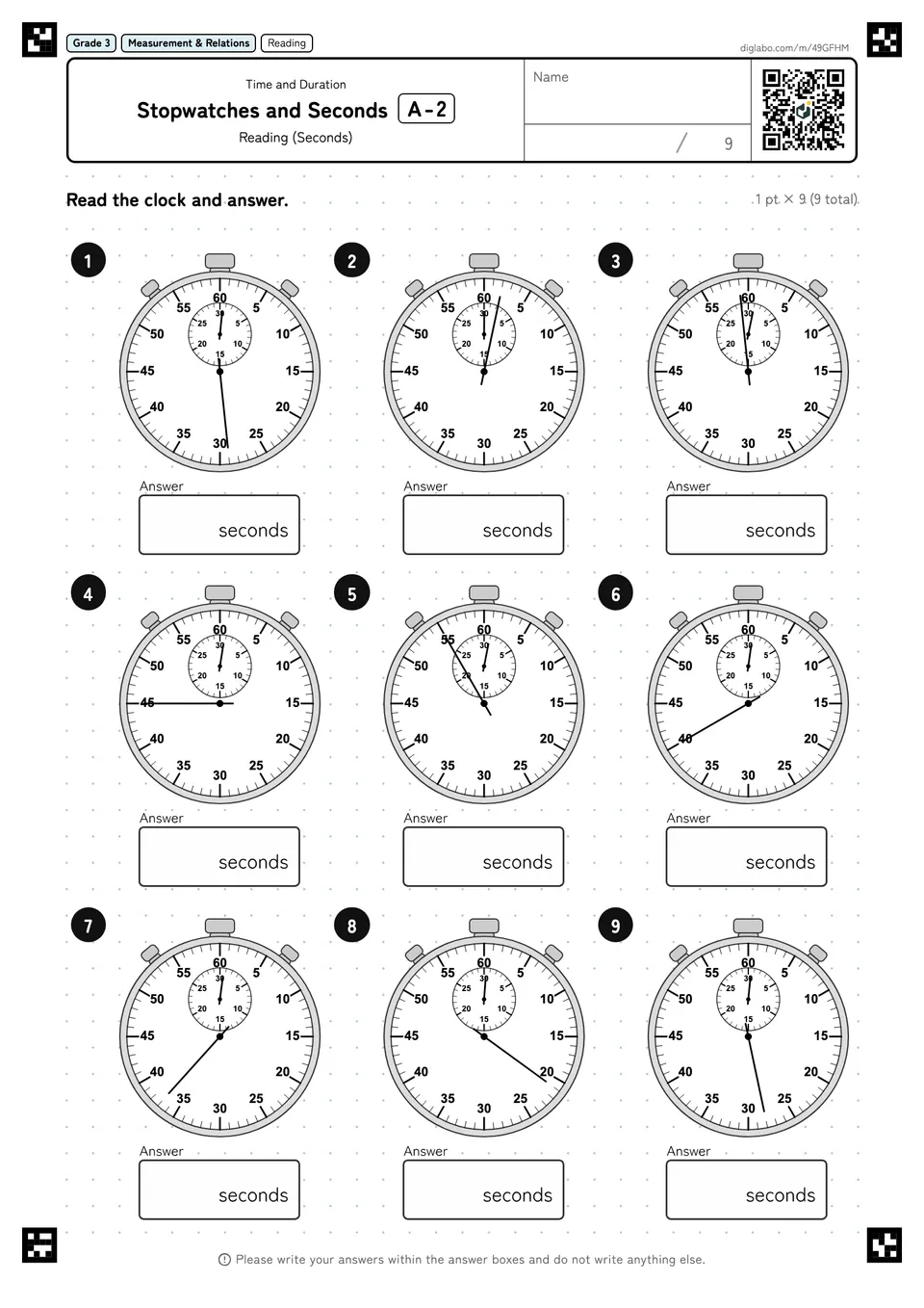 Grade 3 (Elementary School) Time and Duration Stopwatches and Seconds