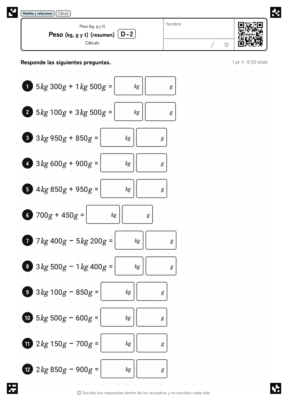 Peso (kg, g y t) (resumen) D-2