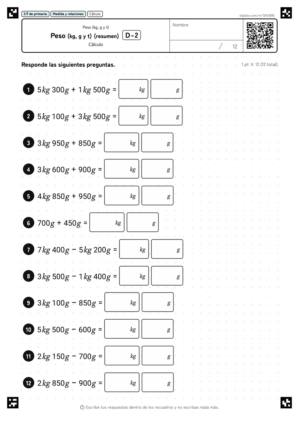 3.º de primaria Peso (kg, g y t) Peso (kg, g y t) (resumen)