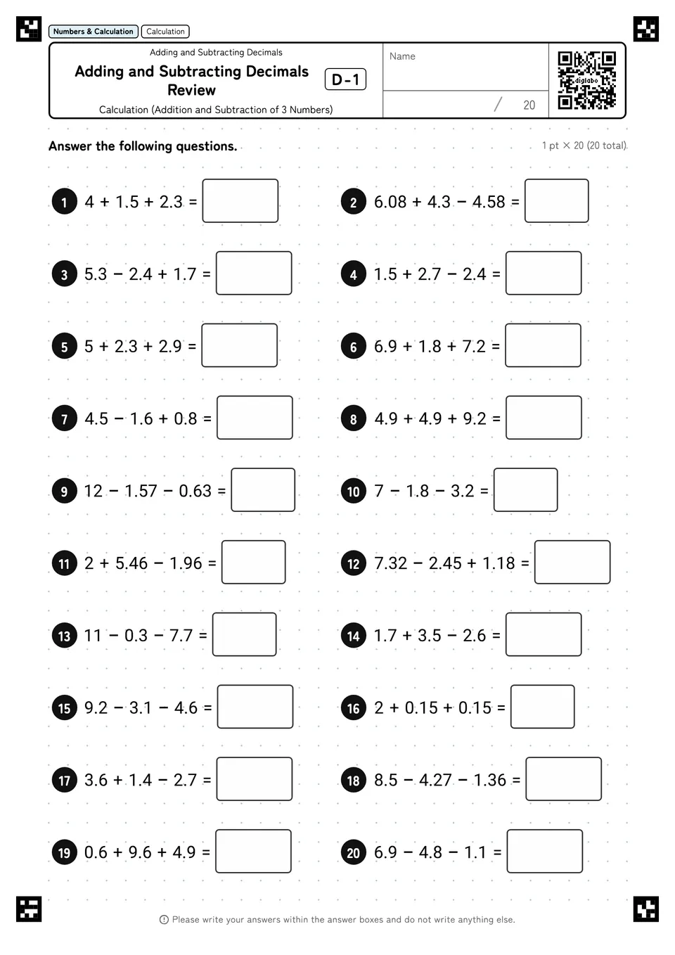 Adding and Subtracting Decimals Review D-1