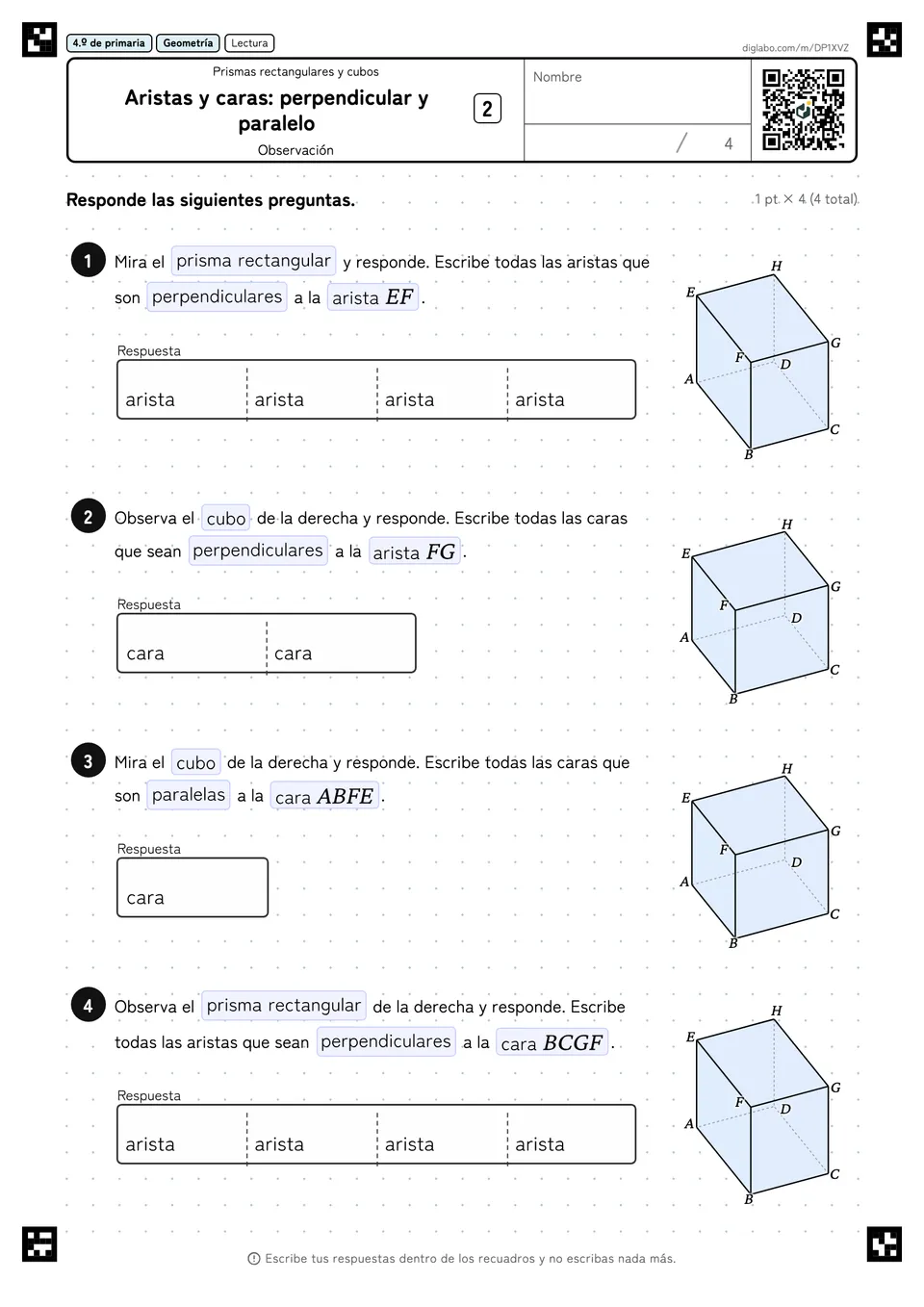 4.º de primaria Prismas rectangulares y cubos Aristas y caras: perpendicular y paralelo