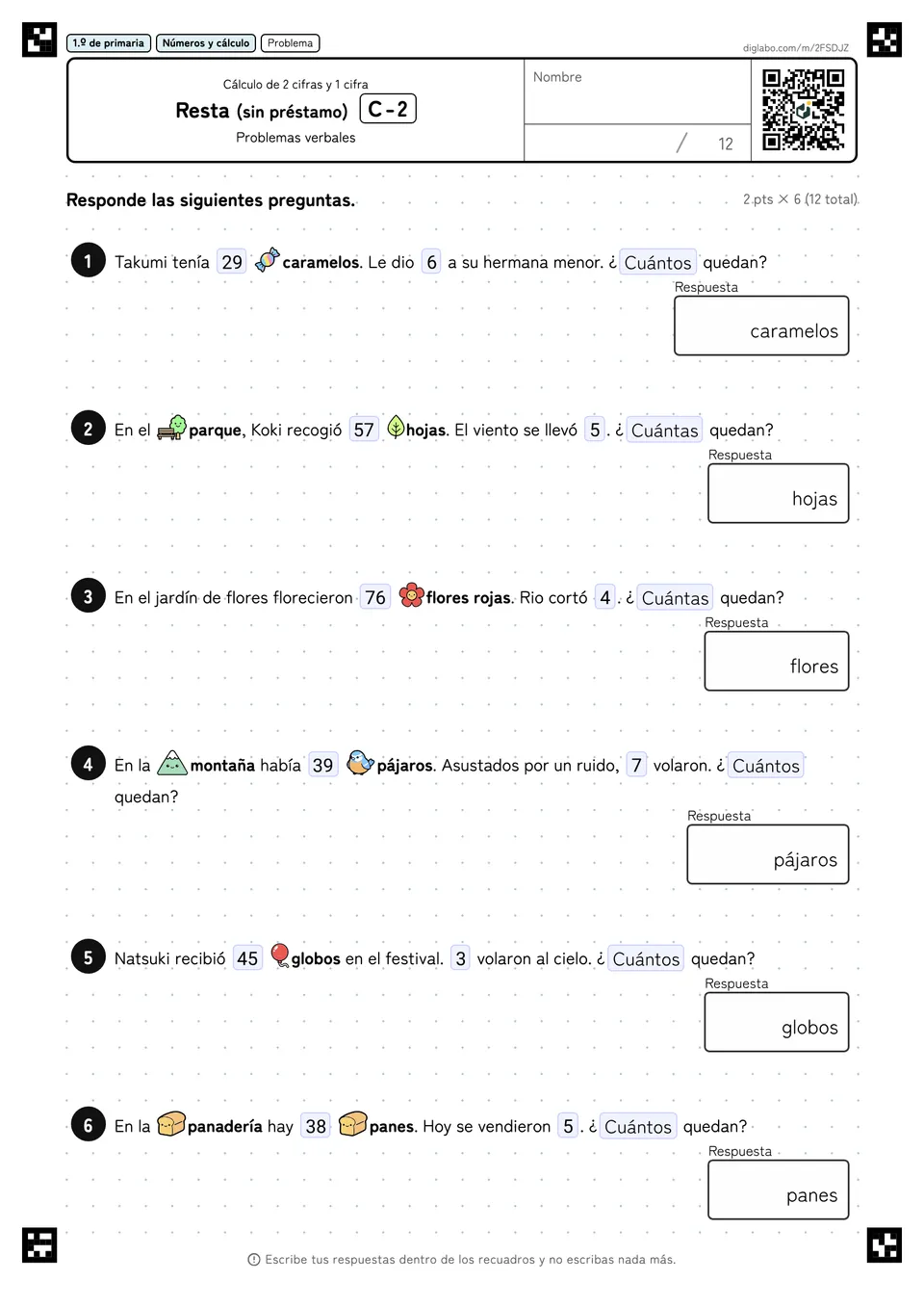 1.º de primaria Cálculo de 2 cifras y 1 cifra Resta (sin préstamo)