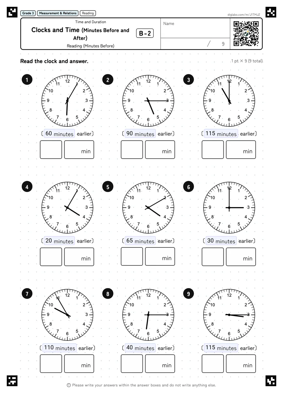 Grade 3 (Elementary School) Time and Duration Clocks and Time (Minutes Before and After)