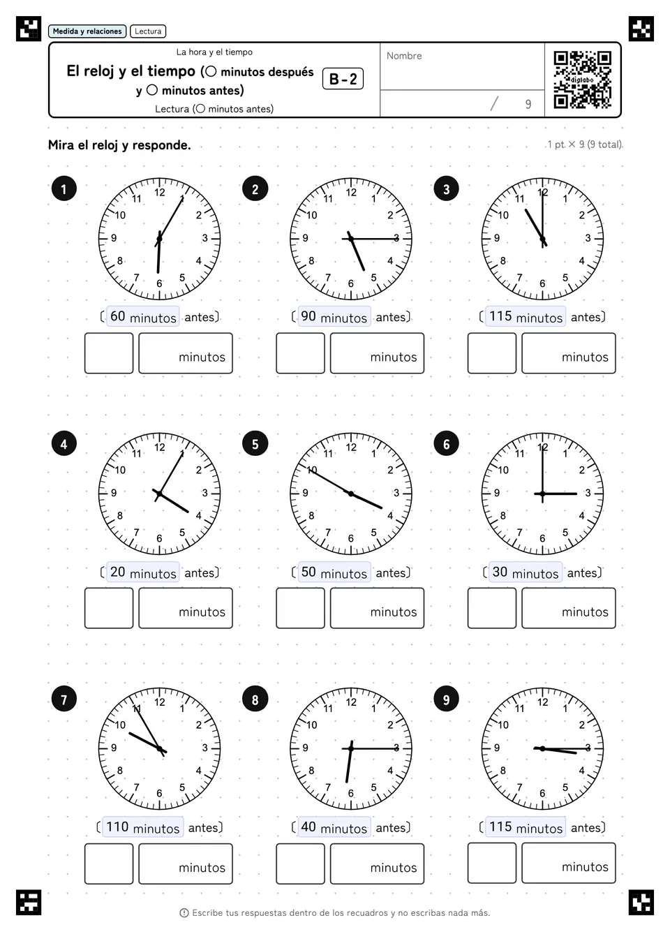 El reloj y el tiempo (○ minutos después y ○ minutos antes) B-2