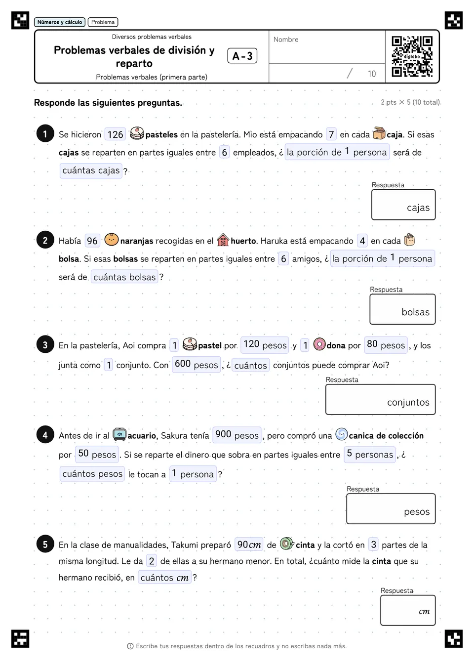Problemas verbales de división y reparto A-3