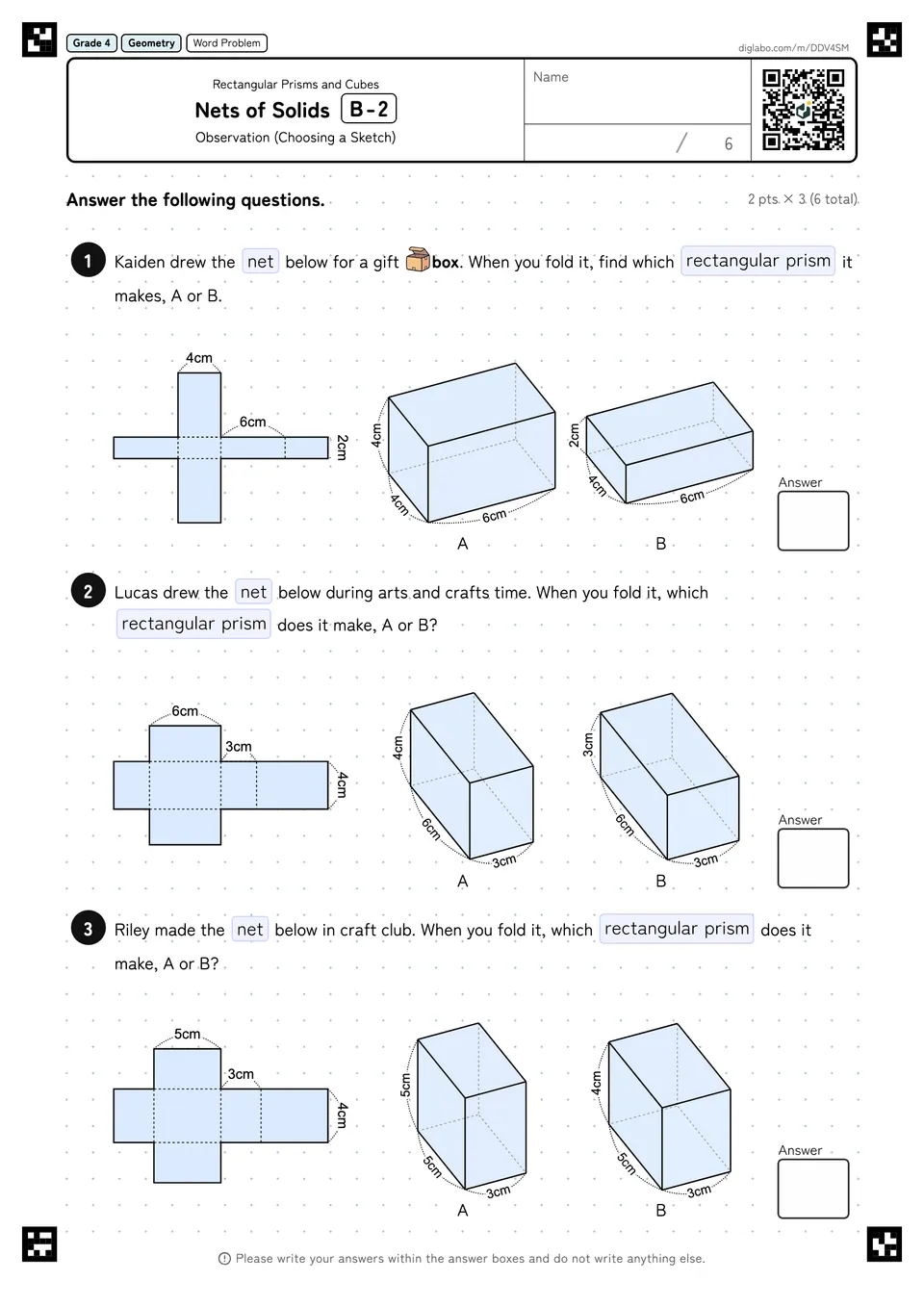 Grade 4 (Elementary School) Rectangular Prisms and Cubes Nets of Solids