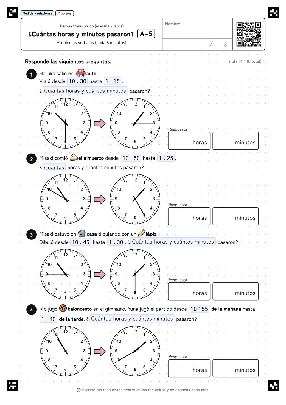 ¿Cuántas horas y minutos pasaron? A-5
