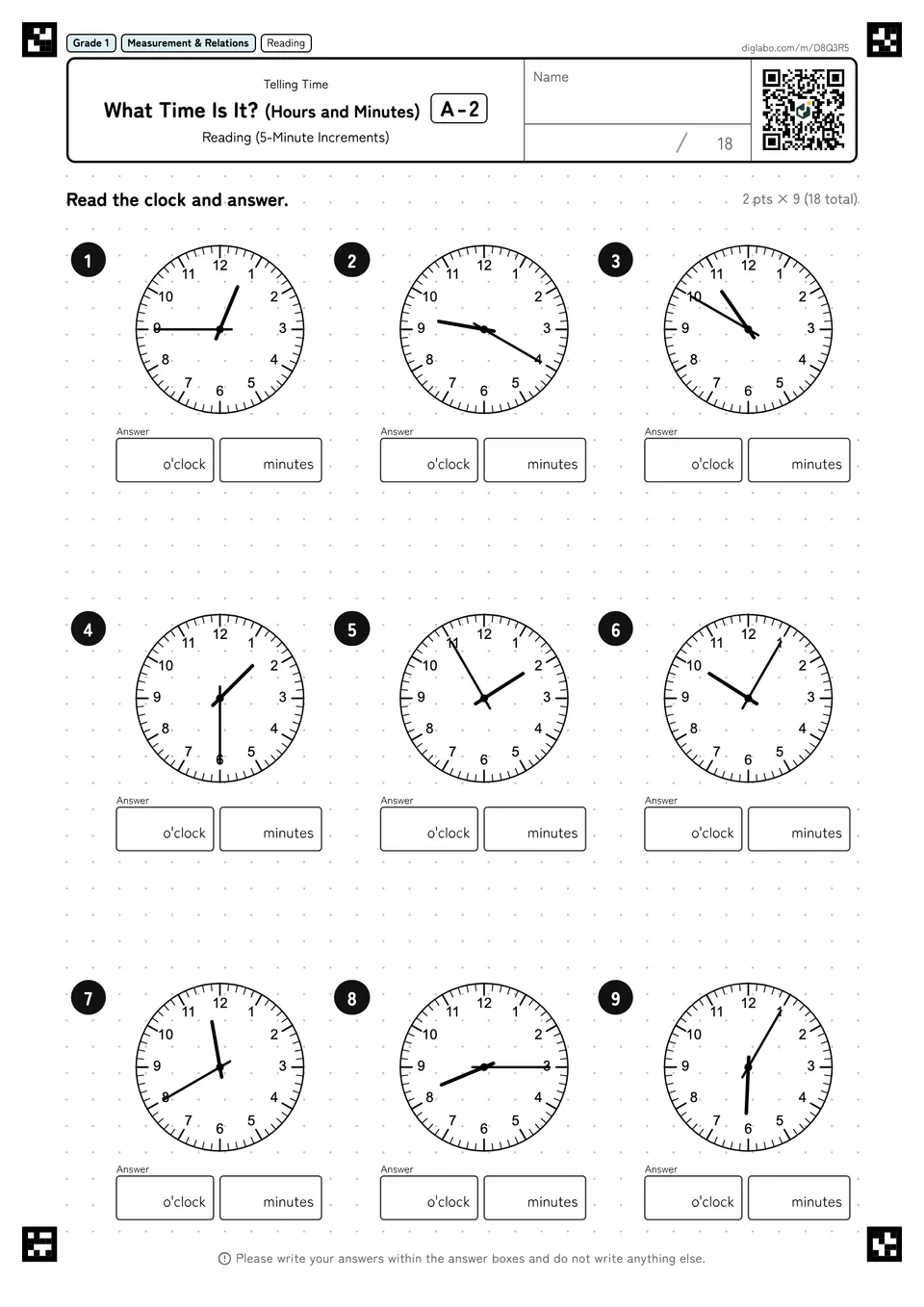 Grade 1 (Elementary School) Telling Time What Time Is It? (Hours and Minutes)