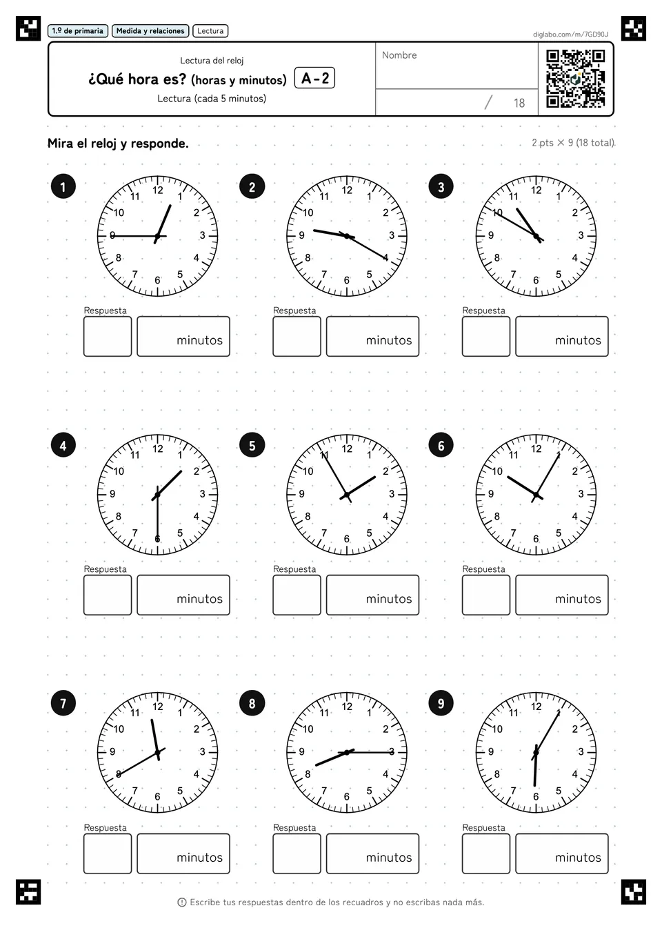 1.º de primaria Lectura del reloj ¿Qué hora es? (horas y minutos)