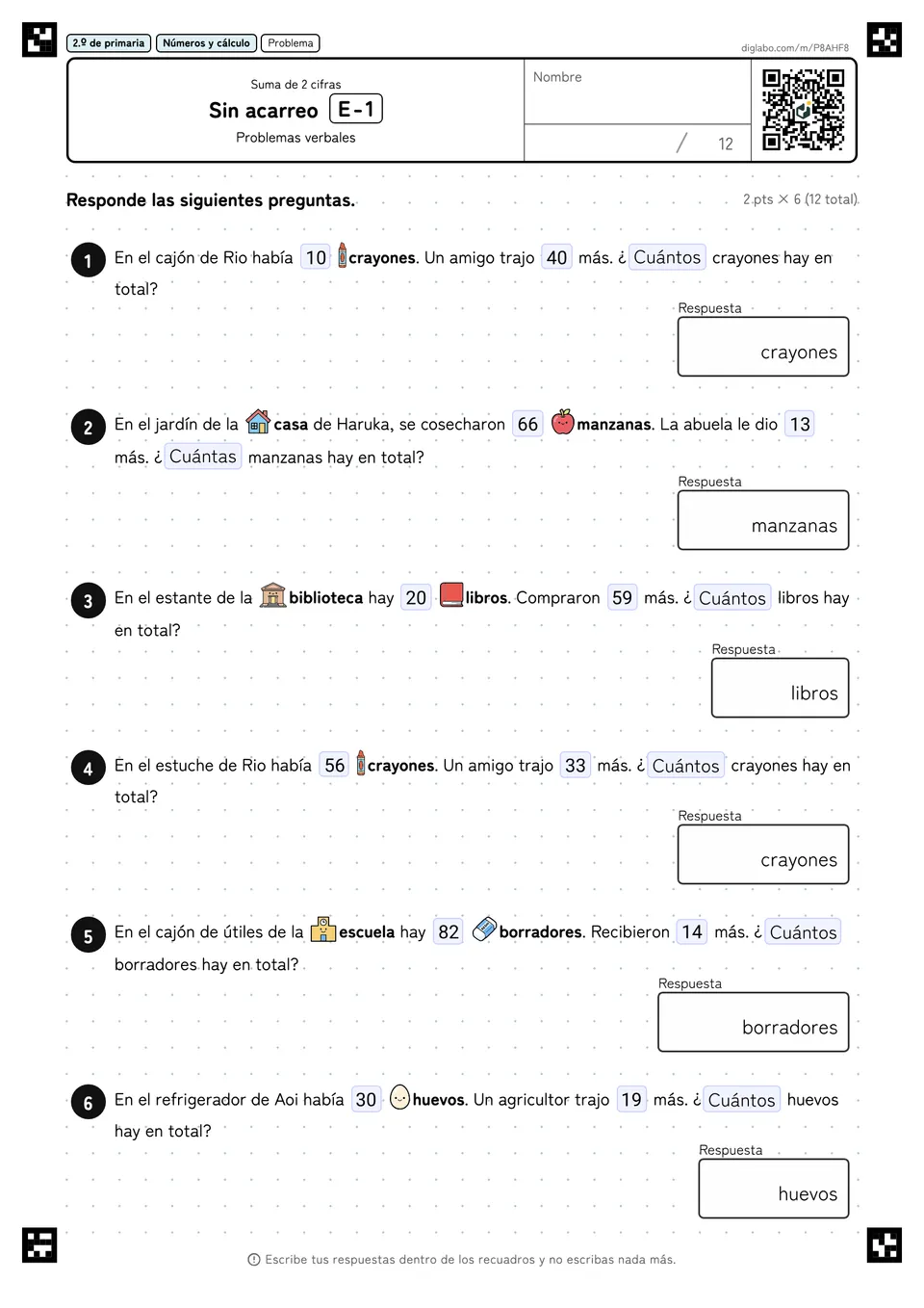 2.º de primaria Suma de 2 cifras Sin acarreo