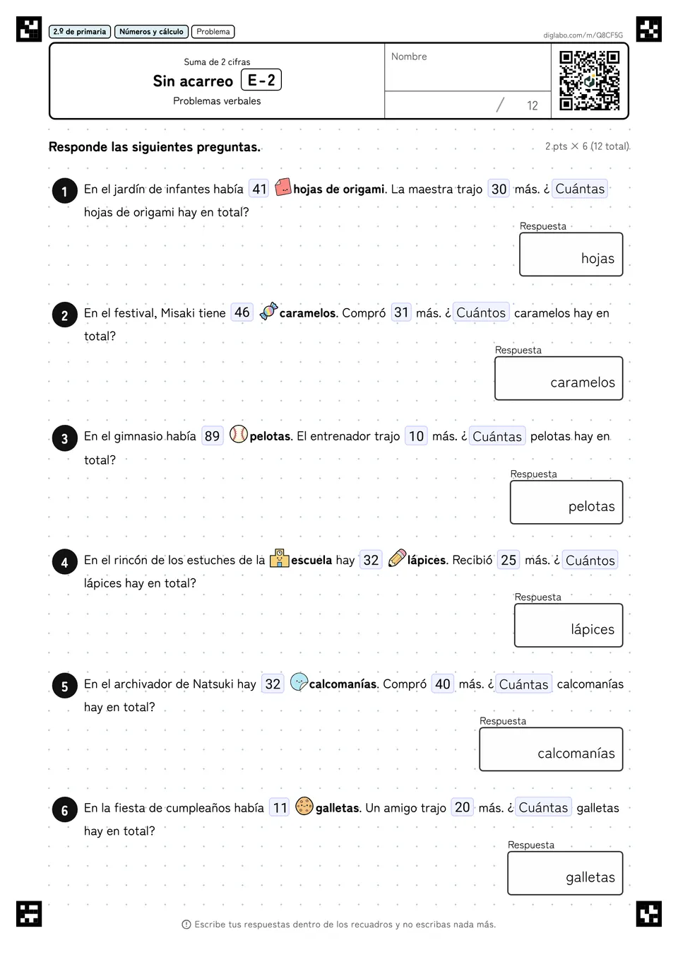 2.º de primaria Suma de 2 cifras Sin acarreo