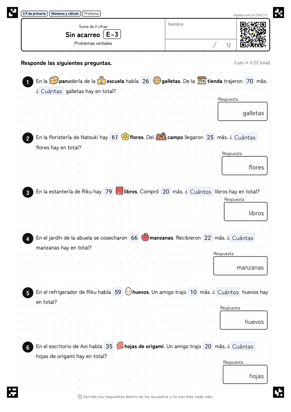 2.º de primaria Suma de 2 cifras Sin acarreo