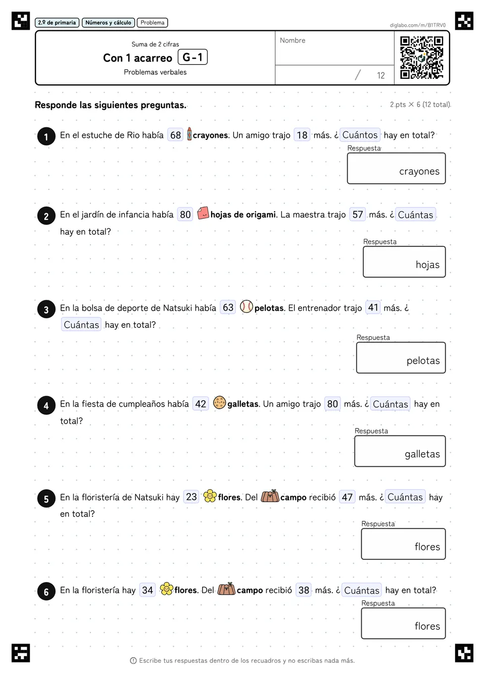 2.º de primaria Suma de 2 cifras Con 1 acarreo