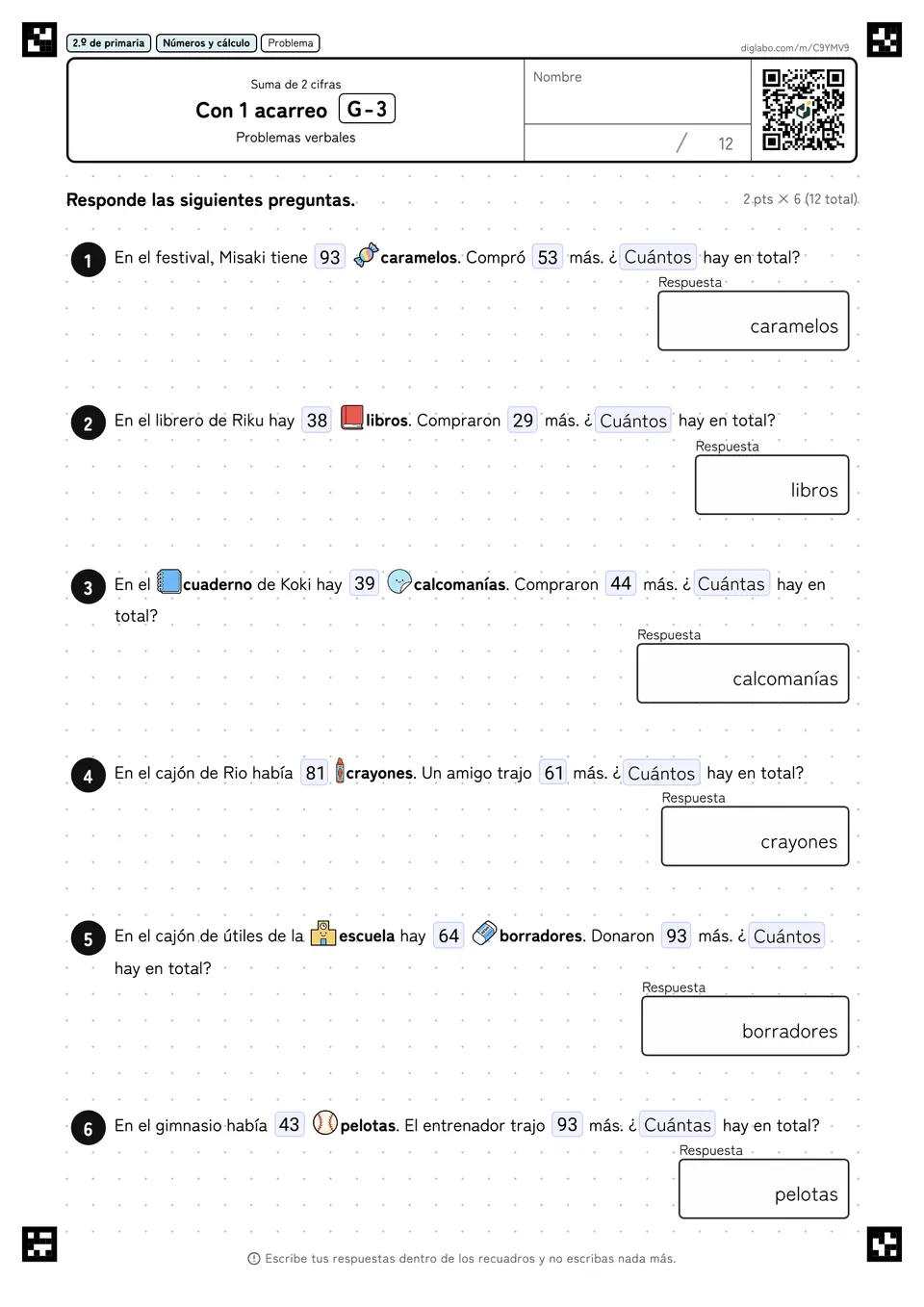 2.º de primaria Suma de 2 cifras Con 1 acarreo
