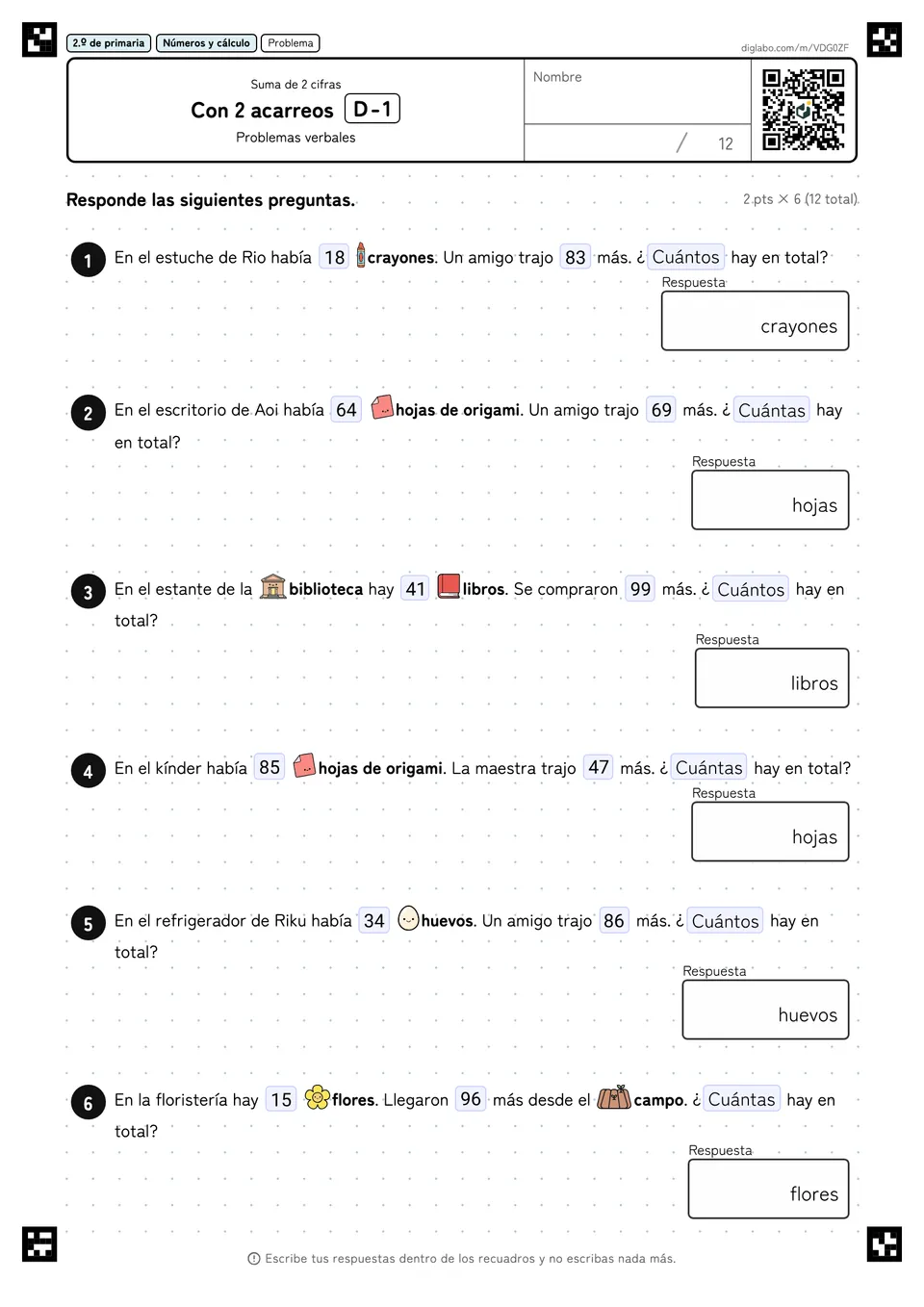 2.º de primaria Suma de 2 cifras Con 2 acarreos