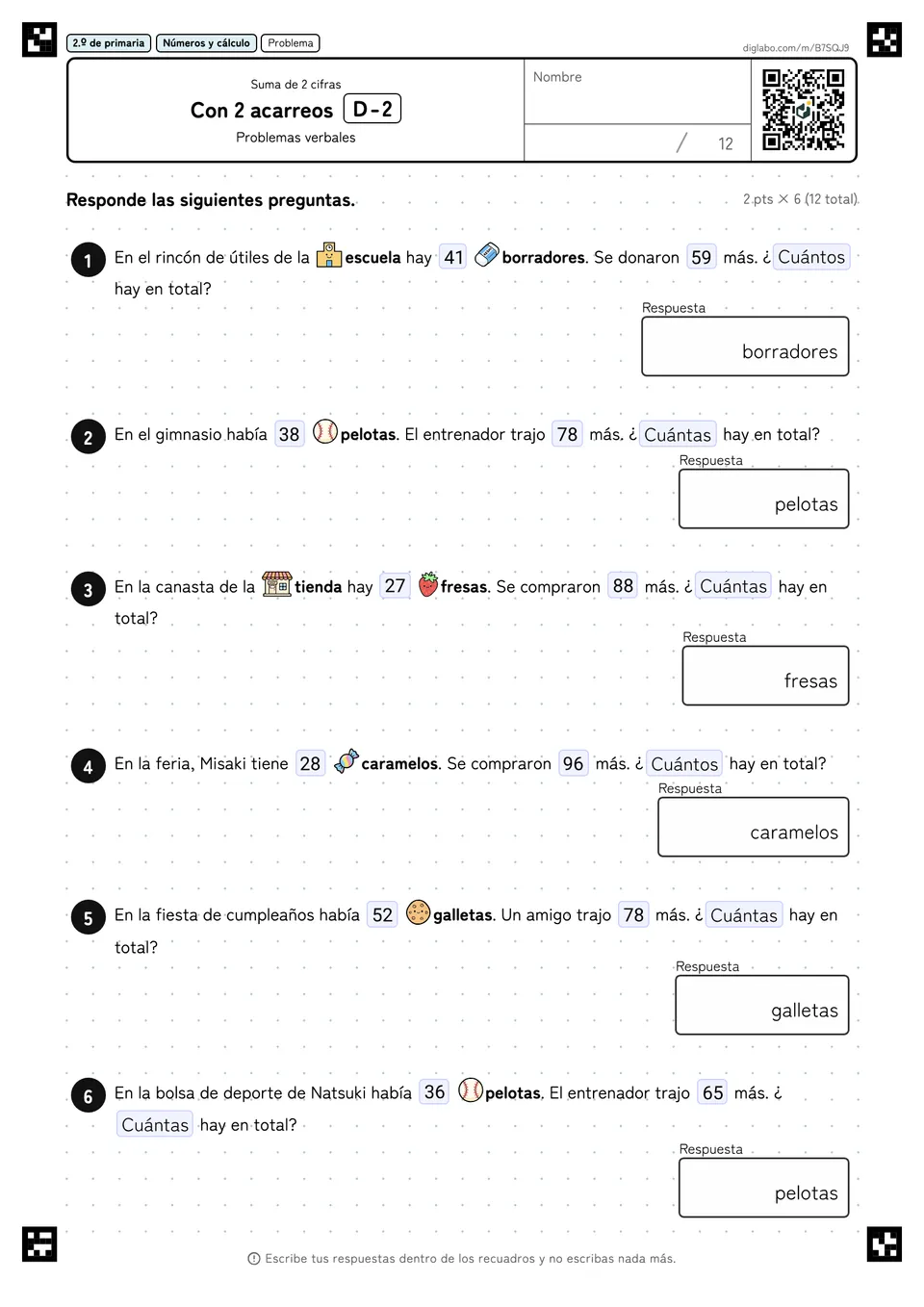 2.º de primaria Suma de 2 cifras Con 2 acarreos